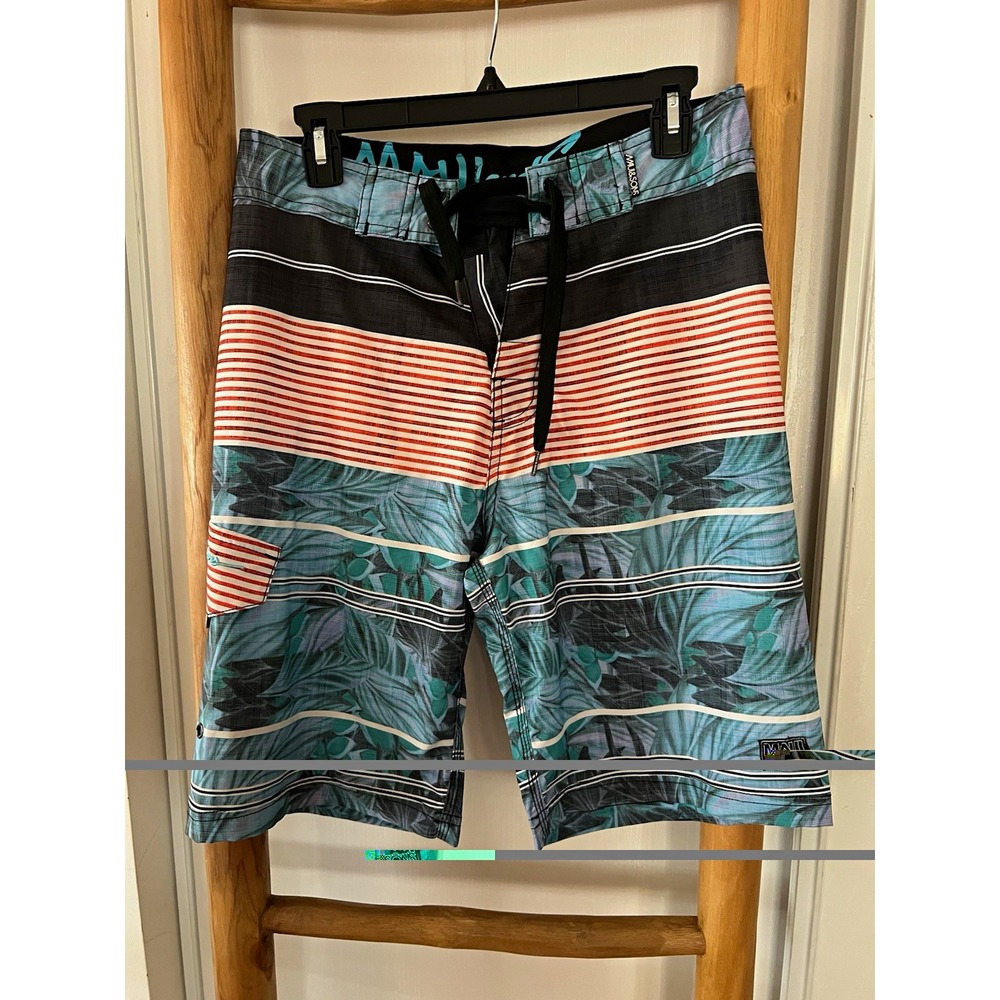 Maui and Sons Men's Board Shorts Size 32 Blue/Black/Orange Striped Tropical
